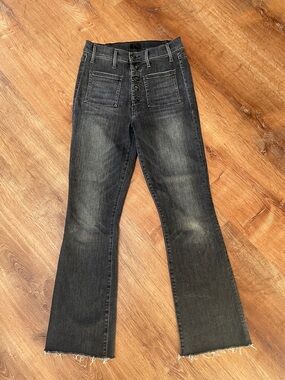 Mother Denim Jeans The Hustler Patch Pocket Sailor Hustler Ankle Fray Gray